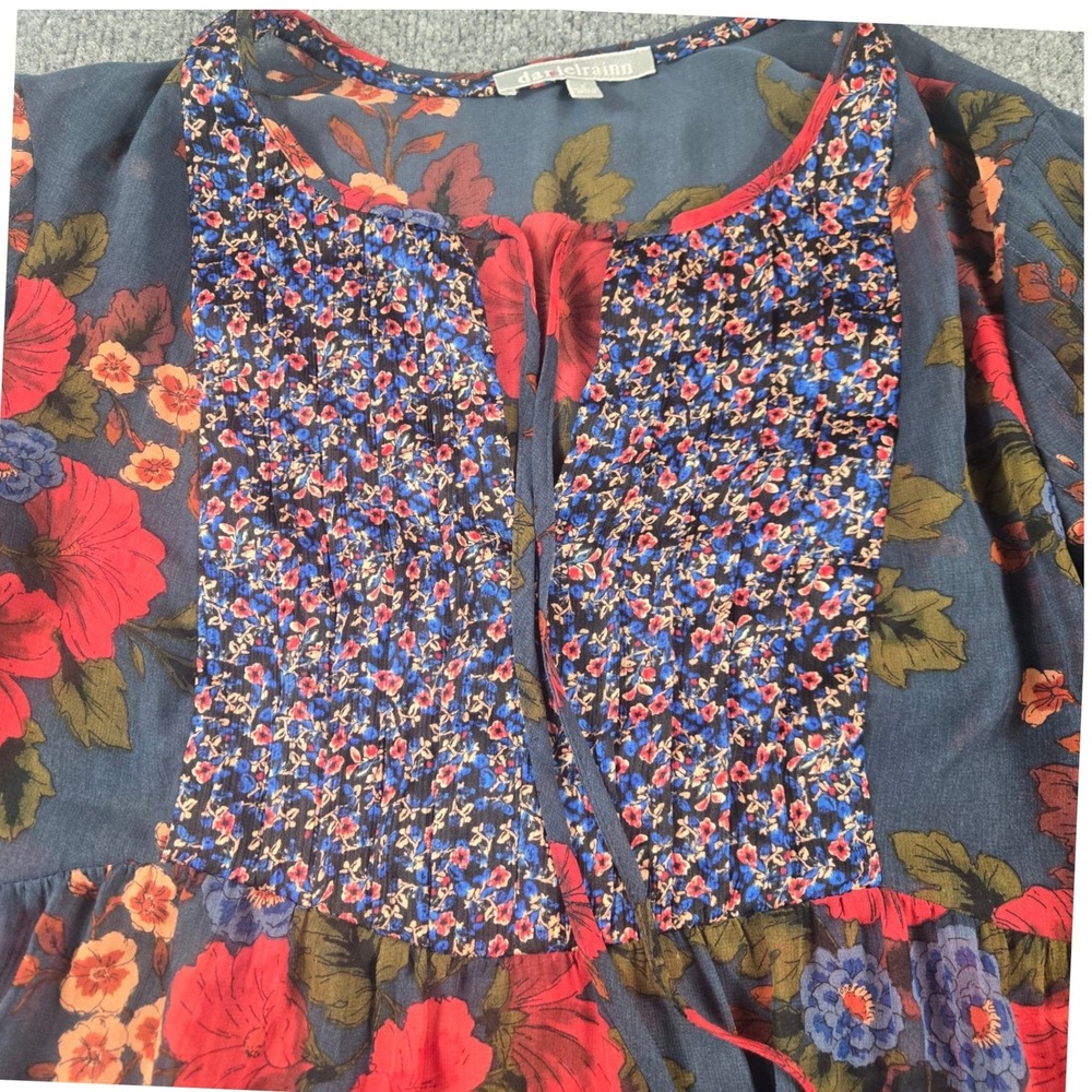 Daniel Rainn Blouse Women Large Blue Red Mixed Floral Smocked Peasant - Picture 2 of 9